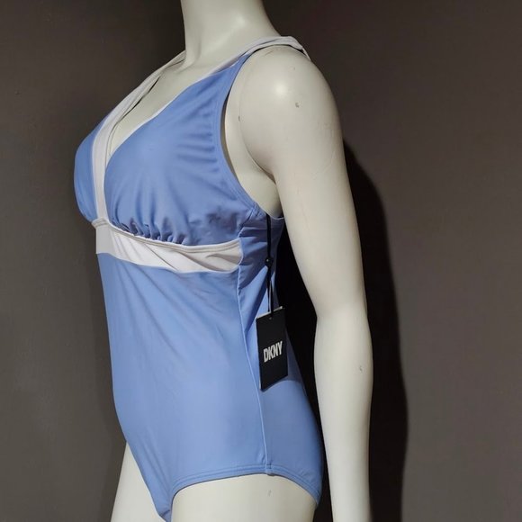 DKNY Plunging Colorblock  One-Piece Swimsuit Hydrangea - Picture 3 of 12